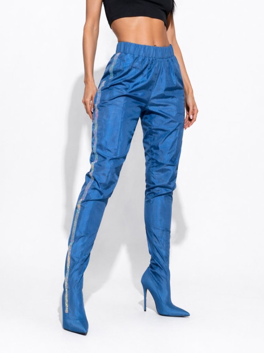 Women’s Blue Rhinestone Side Stripe Heel Leggings Boots Combo